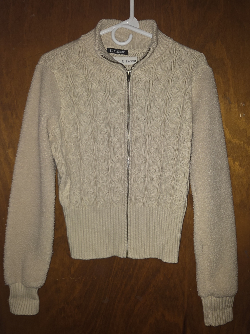 Steve Madden Cream Cable Knit Full Zip Jacket Faux Fur Sleeves Women Size M